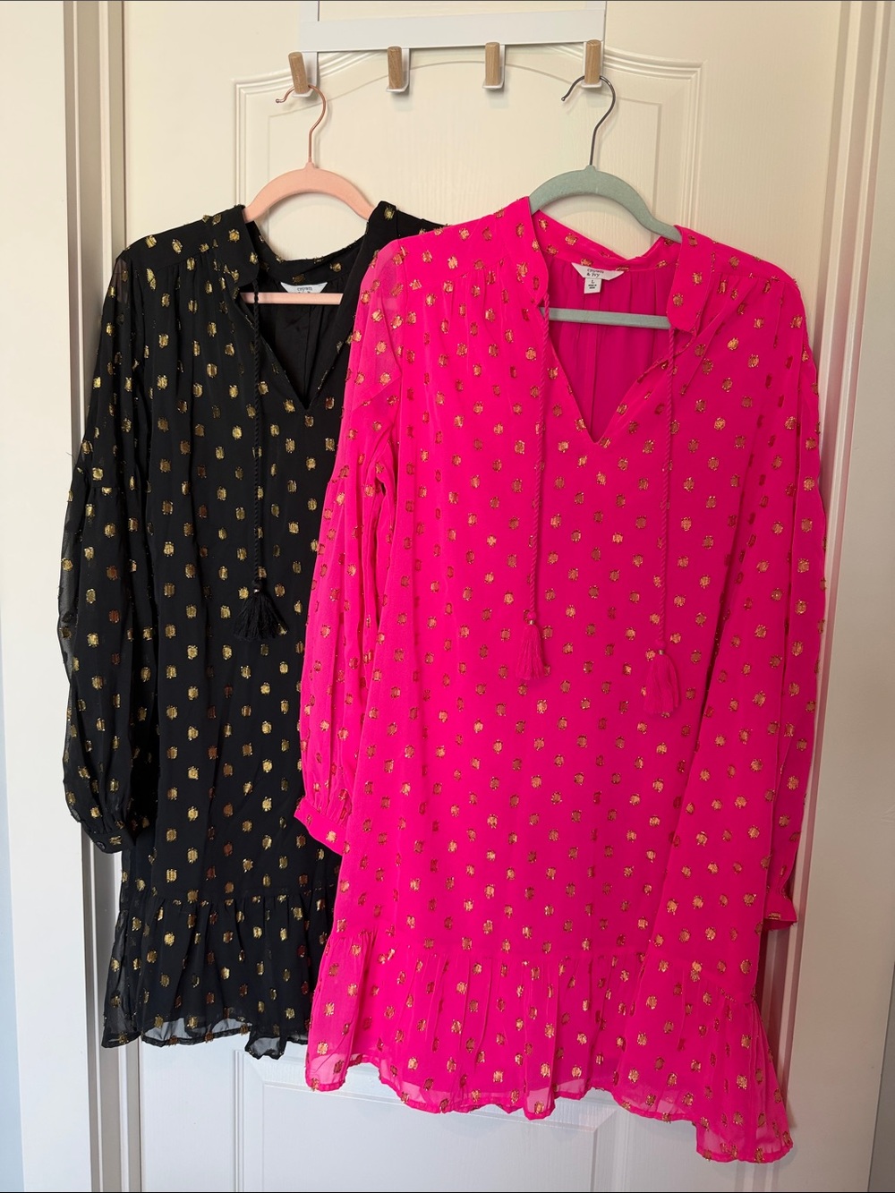 crown & ivy Black and Hot Pink Long Sleeve Gold Dot Tunic Dresses- set of 2